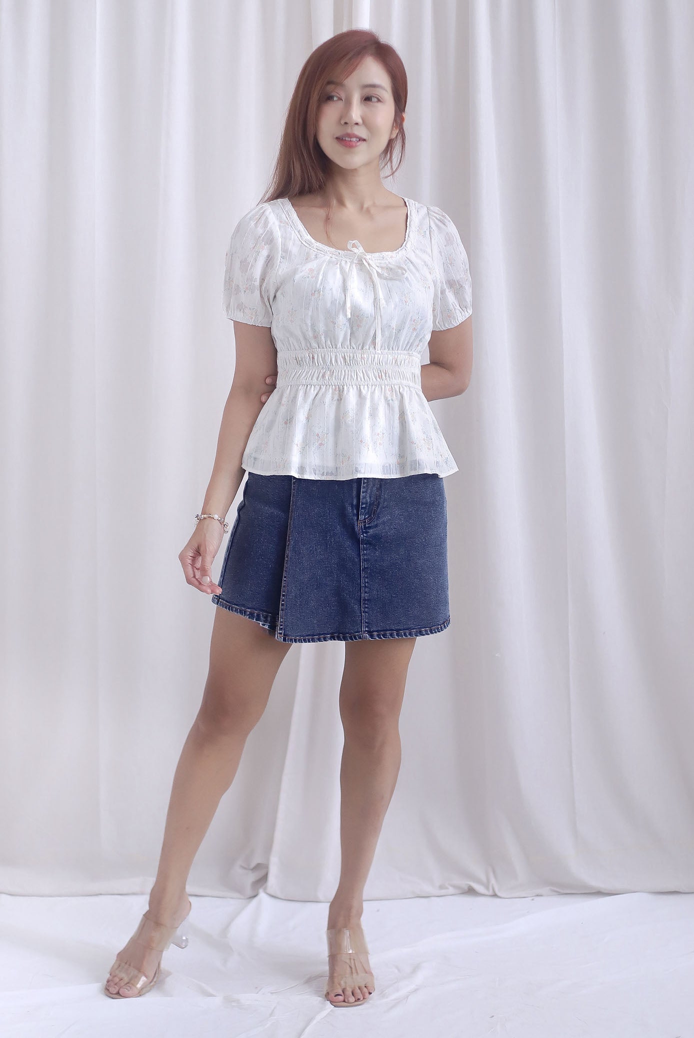 Crystal Floral Tie Ribbon Peplum Top In Lattice Floral