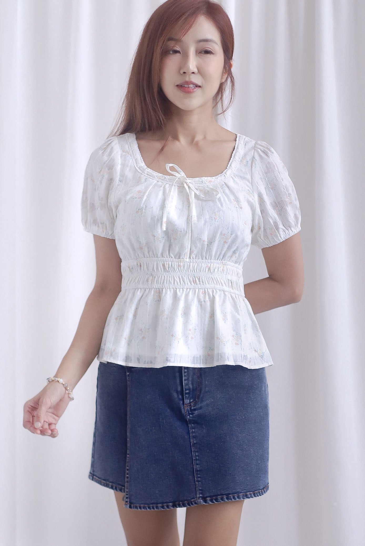 Crystal Floral Tie Ribbon Peplum Top In Lattice Floral