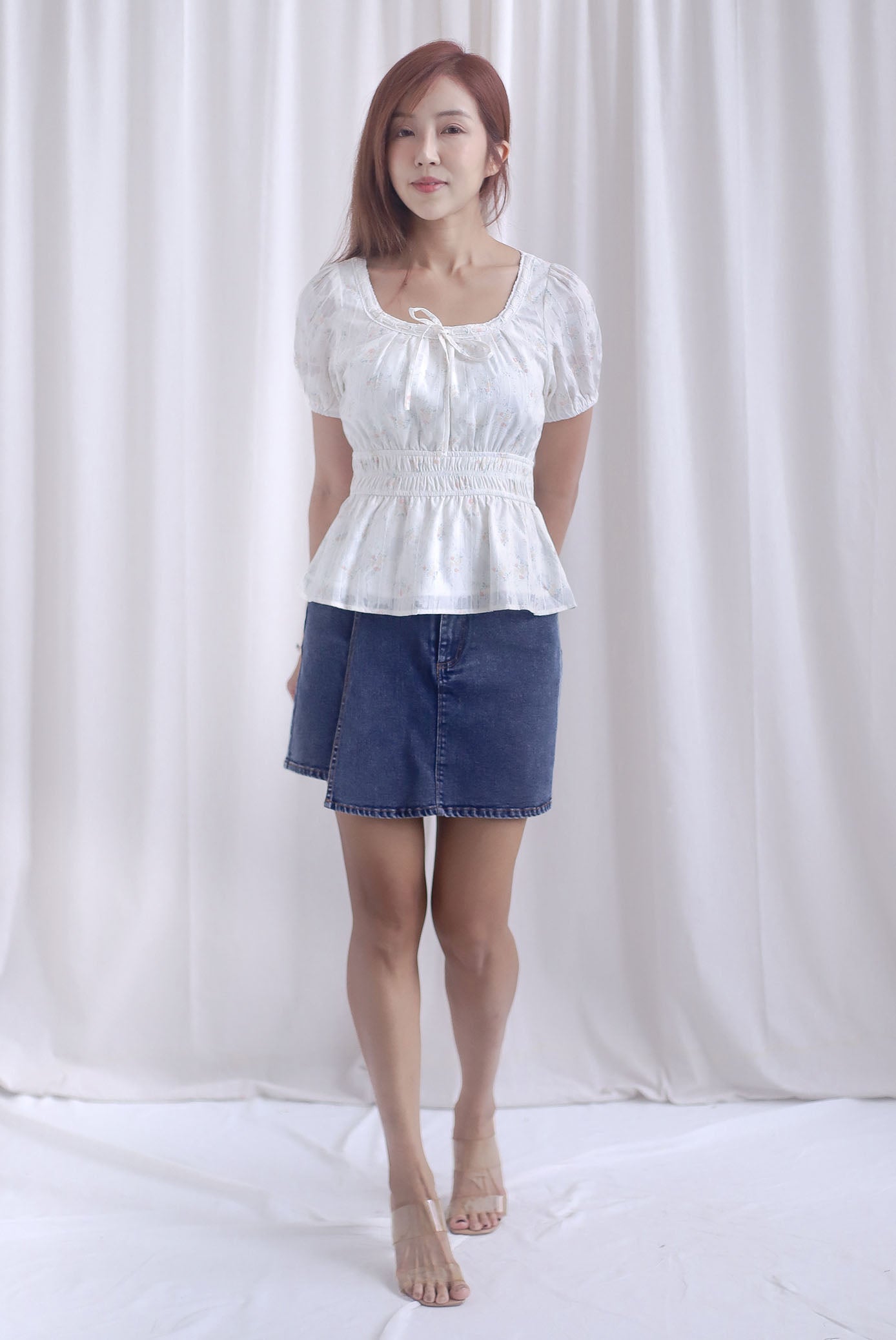 Crystal Floral Tie Ribbon Peplum Top In Lattice Floral