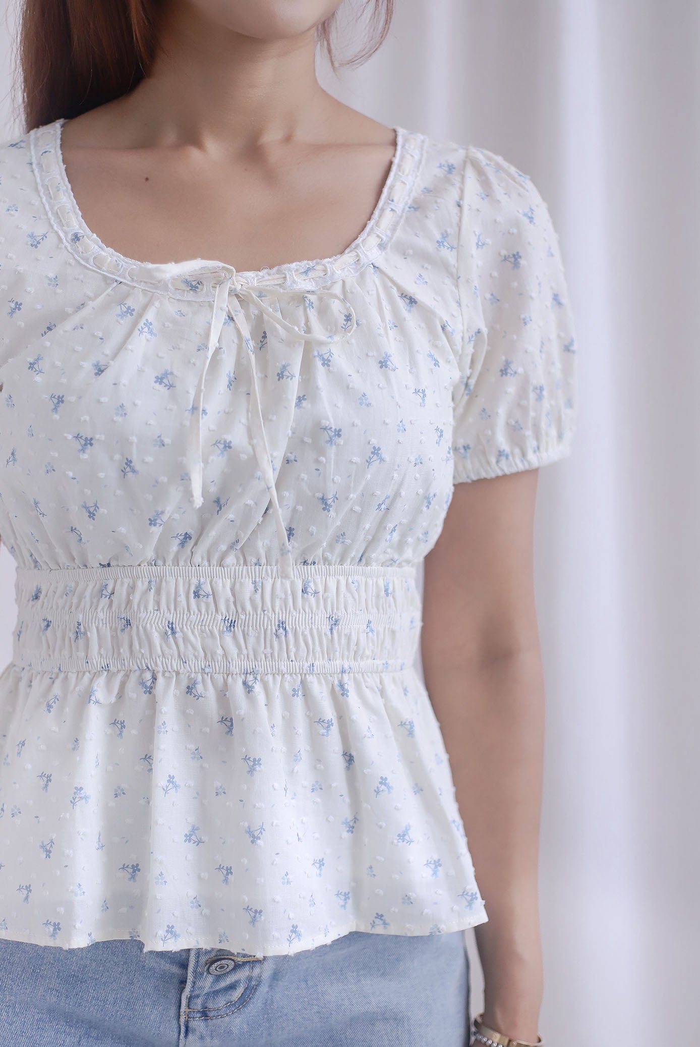 Crystal Floral Tie Ribbon Peplum Top In Blue Swiss Dot