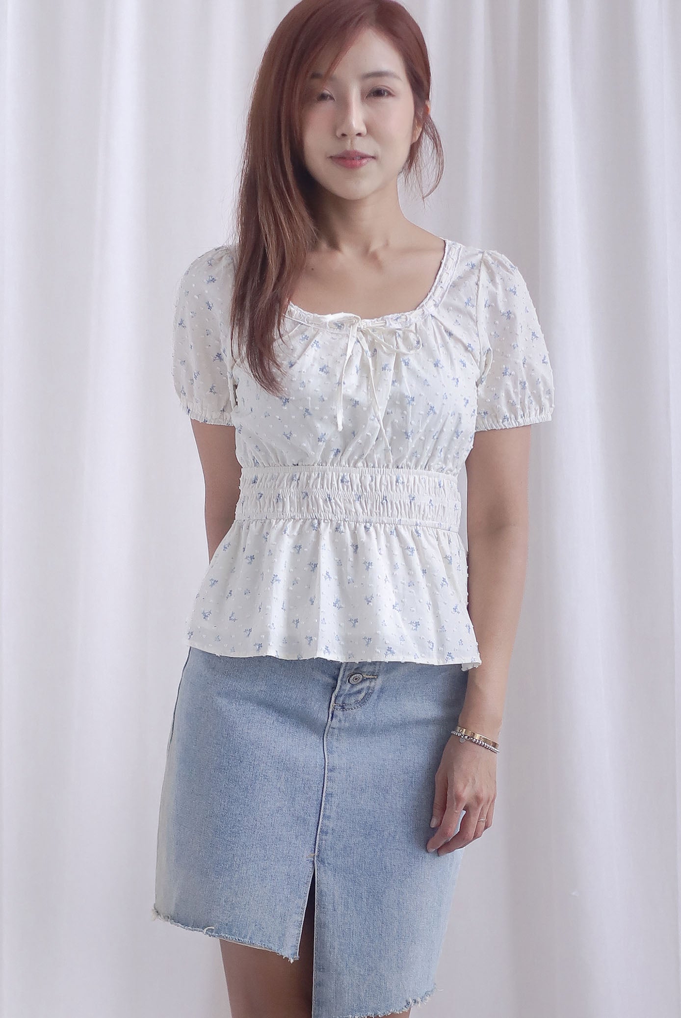 Crystal Floral Tie Ribbon Peplum Top In Blue Swiss Dot