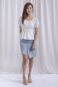 Crystal Floral Tie Ribbon Peplum Top In Blue Swiss Dot