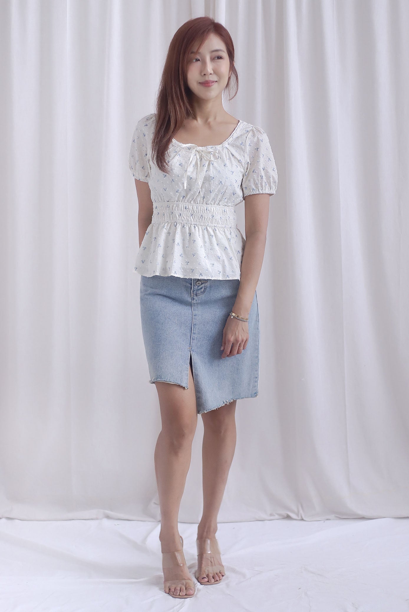 Crystal Floral Tie Ribbon Peplum Top In Blue Swiss Dot