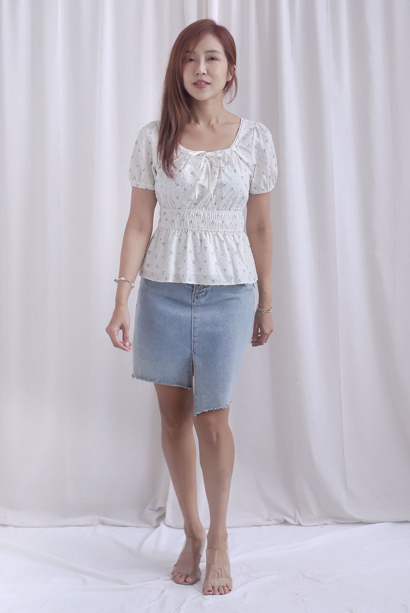 Crystal Floral Tie Ribbon Peplum Top In Blue Swiss Dot
