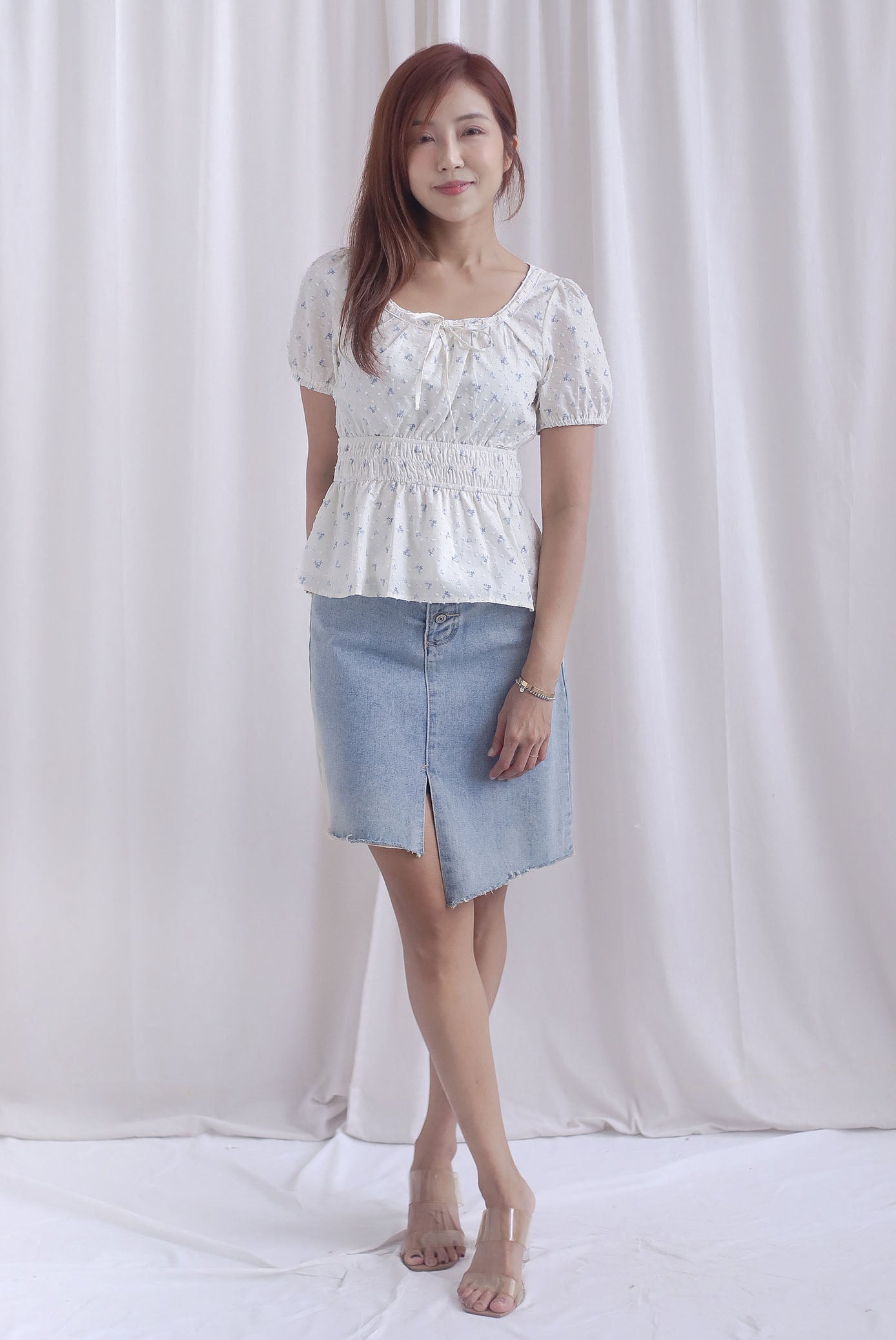 Crystal Floral Tie Ribbon Peplum Top In Blue Swiss Dot