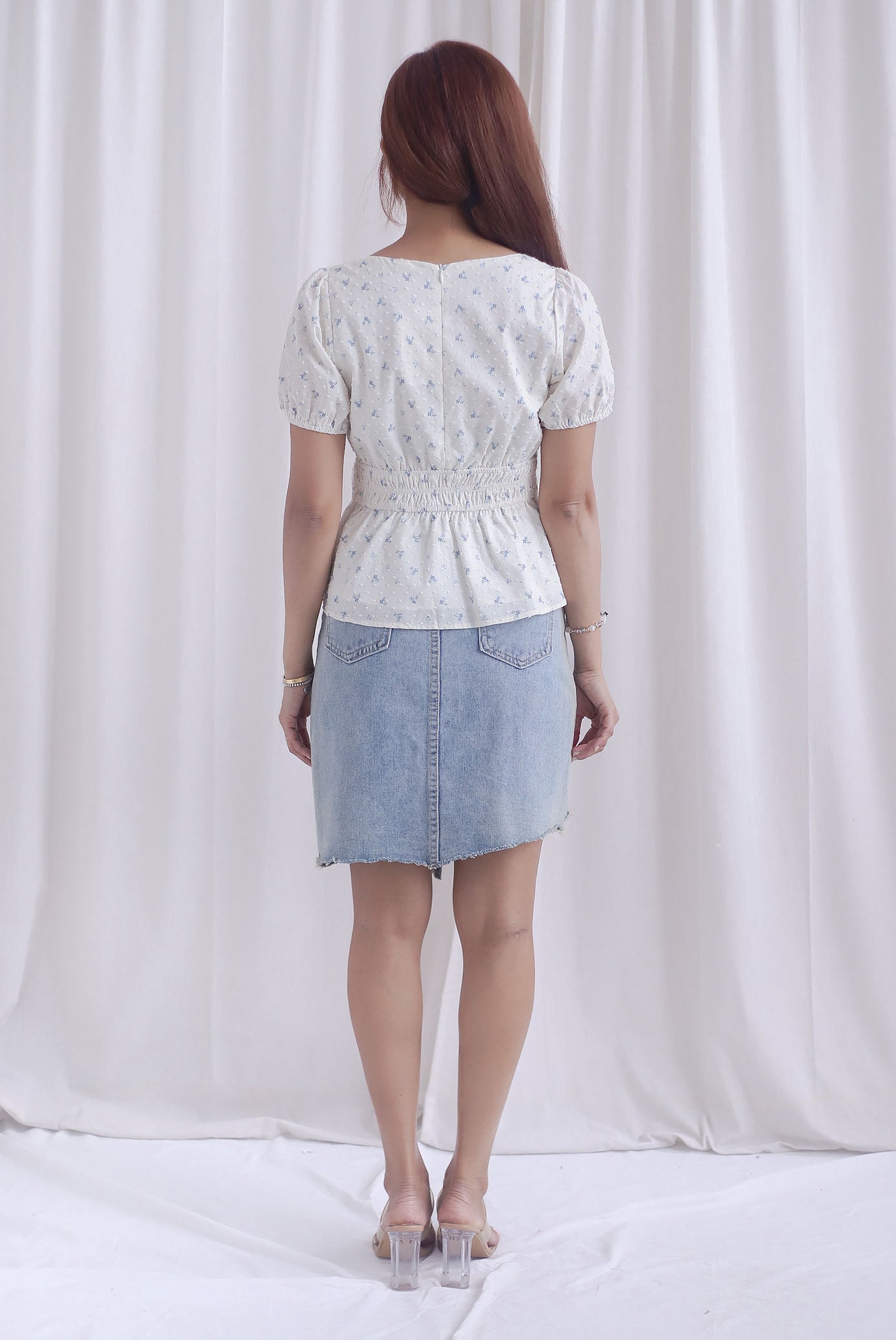 Crystal Floral Tie Ribbon Peplum Top In Blue Swiss Dot