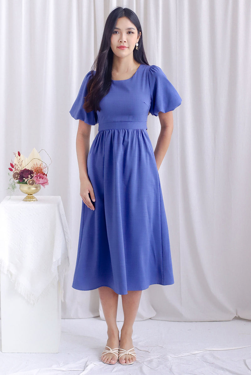 Danica Cut Out Tie Back Midi Sleeved Dress In Blue