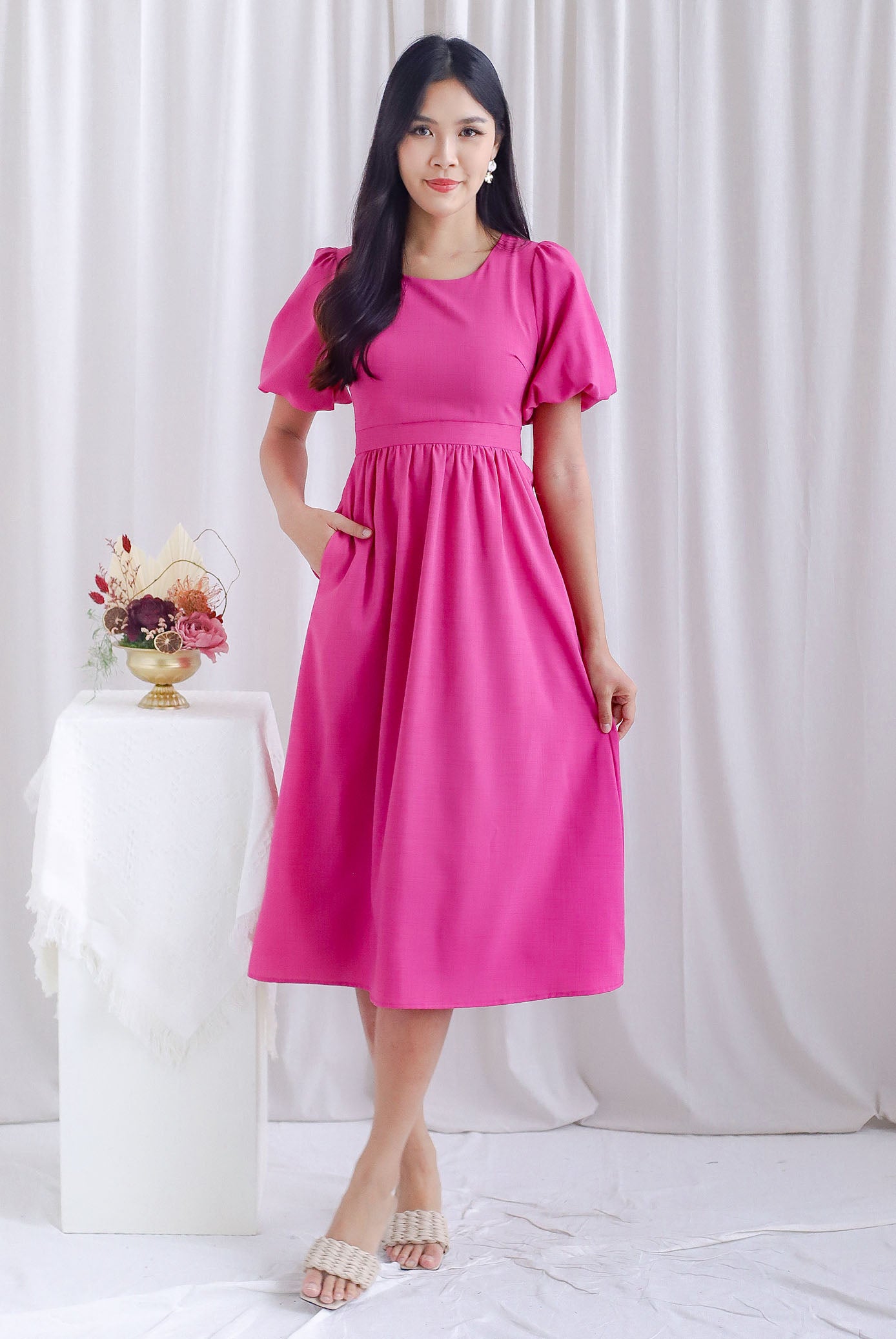 Danica Cut Out Tie Back Midi Sleeved Dress In Hot Pink