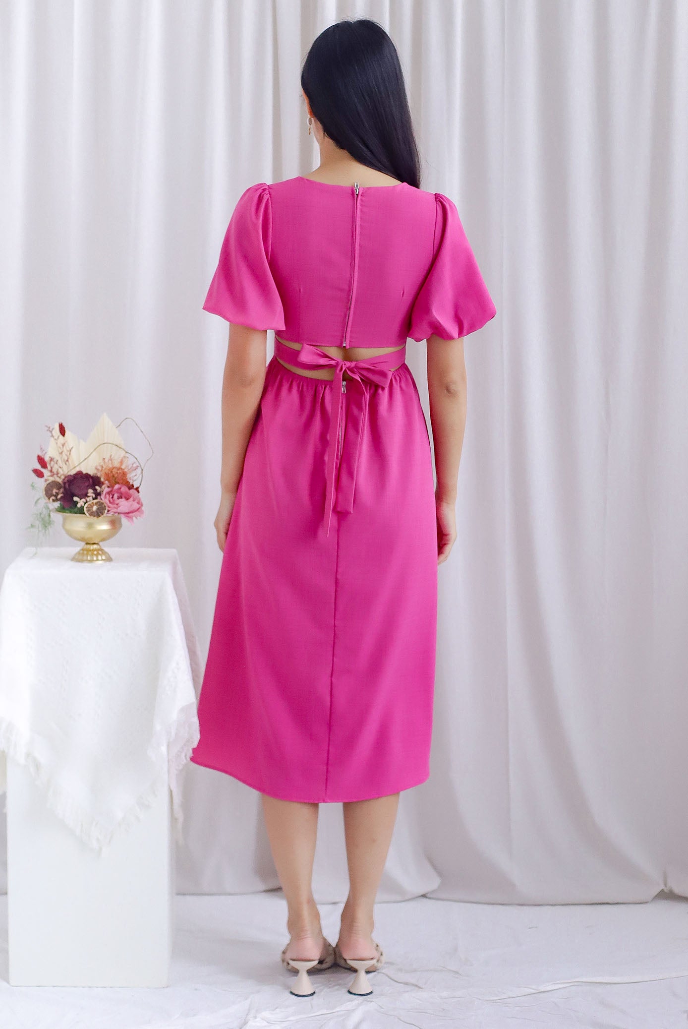 Danica Cut Out Tie Back Midi Sleeved Dress In Hot Pink