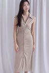 Daphne Collar Front Zip Ruched Dress In Ecru