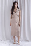 Daphne Collar Front Zip Ruched Dress In Ecru