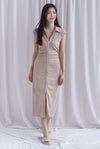 Daphne Collar Front Zip Ruched Dress In Ecru