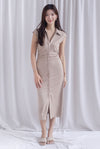 Daphne Collar Front Zip Ruched Dress In Ecru