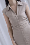 Daphne Collar Front Zip Ruched Dress In Ecru