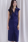 Daphne Collar Front Zip Ruched Dress In Navy Blue