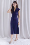 Daphne Collar Front Zip Ruched Dress In Navy Blue