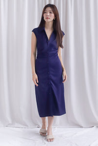 Daphne Collar Front Zip Ruched Dress In Navy Blue