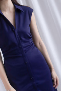 Daphne Collar Front Zip Ruched Dress In Navy Blue
