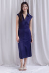 Daphne Collar Front Zip Ruched Dress In Navy Blue