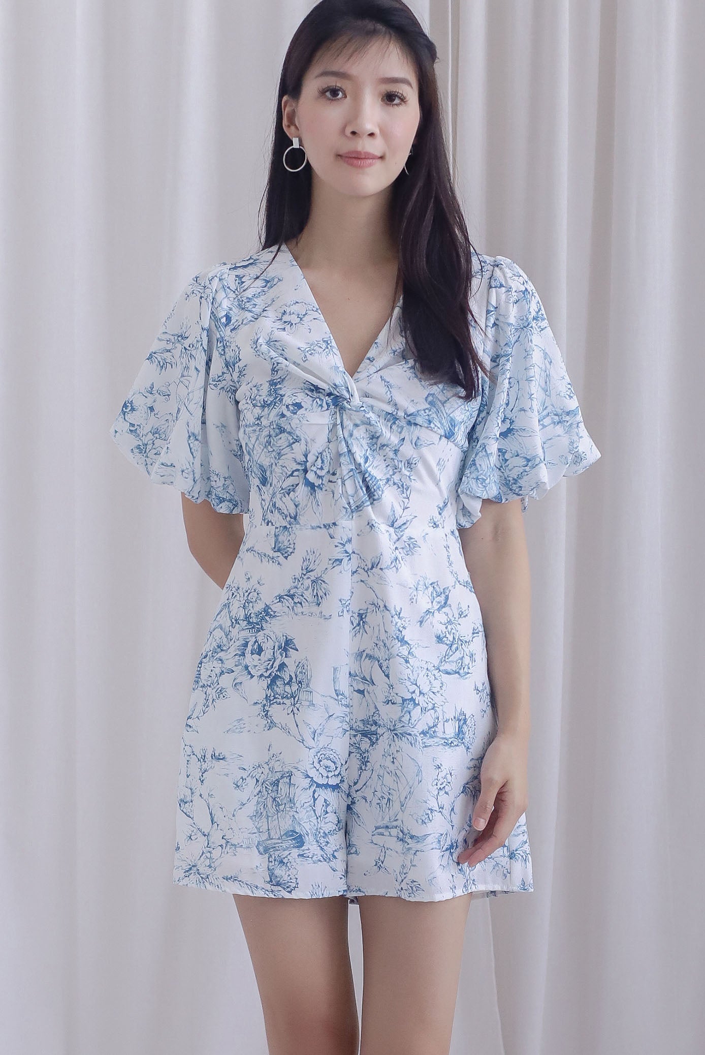 Daria Puffy Sleeve Twist Knot Romper In Blue Porcelain