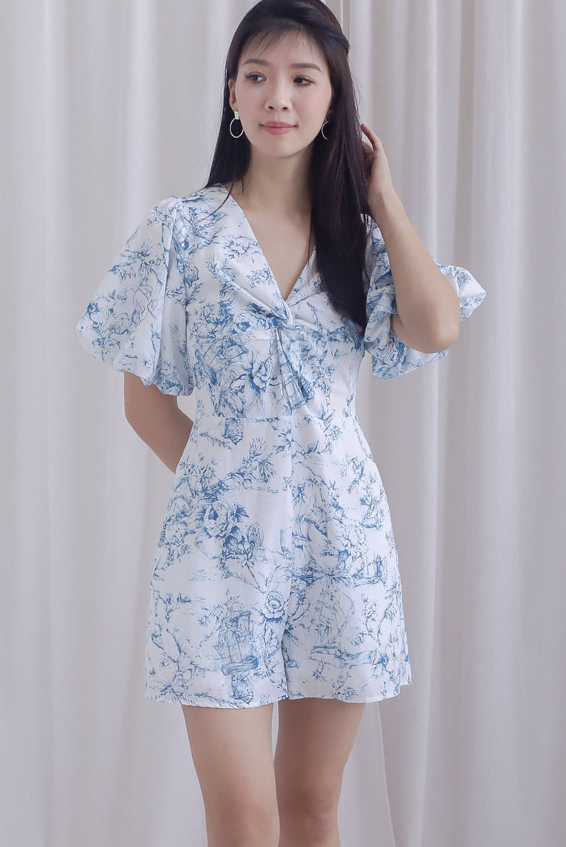 Daria Puffy Sleeve Twist Knot Romper In Blue Porcelain