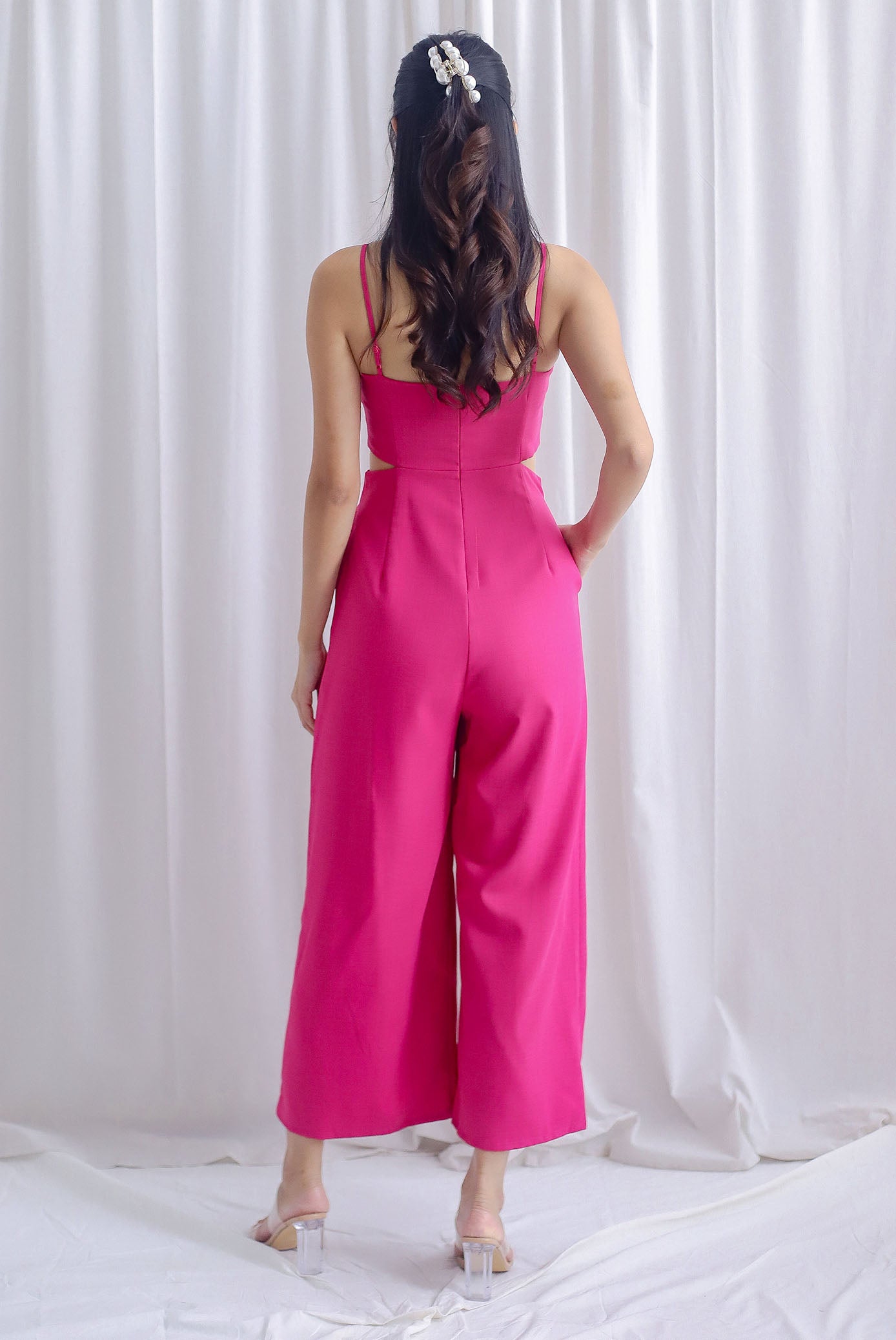 Dean Spaghetti Cut Out Slit Jumpsuit In Hot Pink