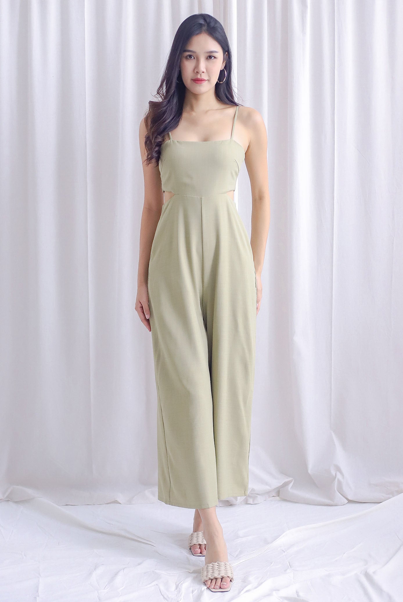 Dean Spaghetti Cut Out Slit Jumpsuit In Sage