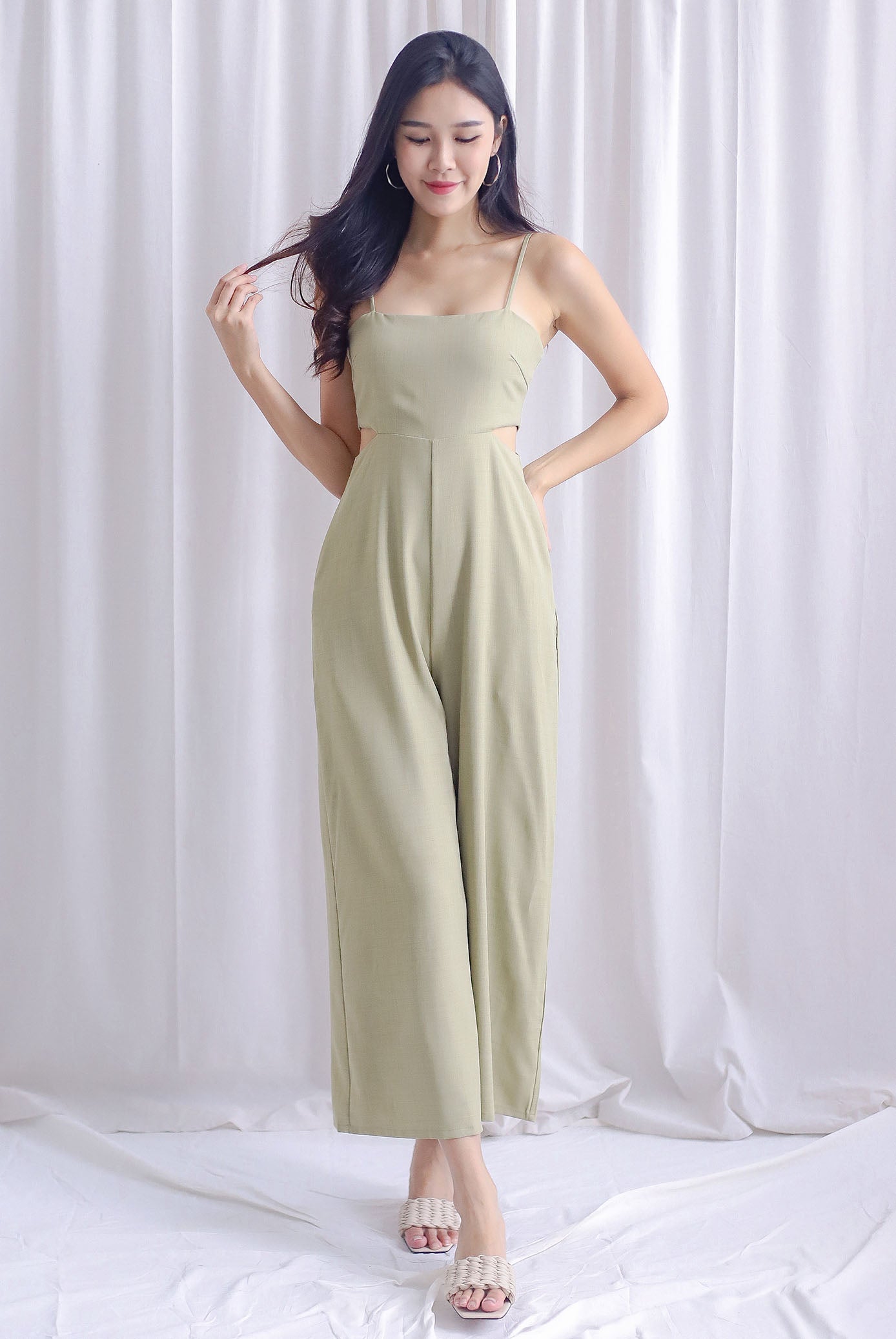 Dean Spaghetti Cut Out Slit Jumpsuit In Sage