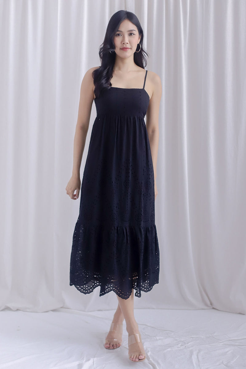 Destini Eyelet Spaghetti Maxi Dress In Black