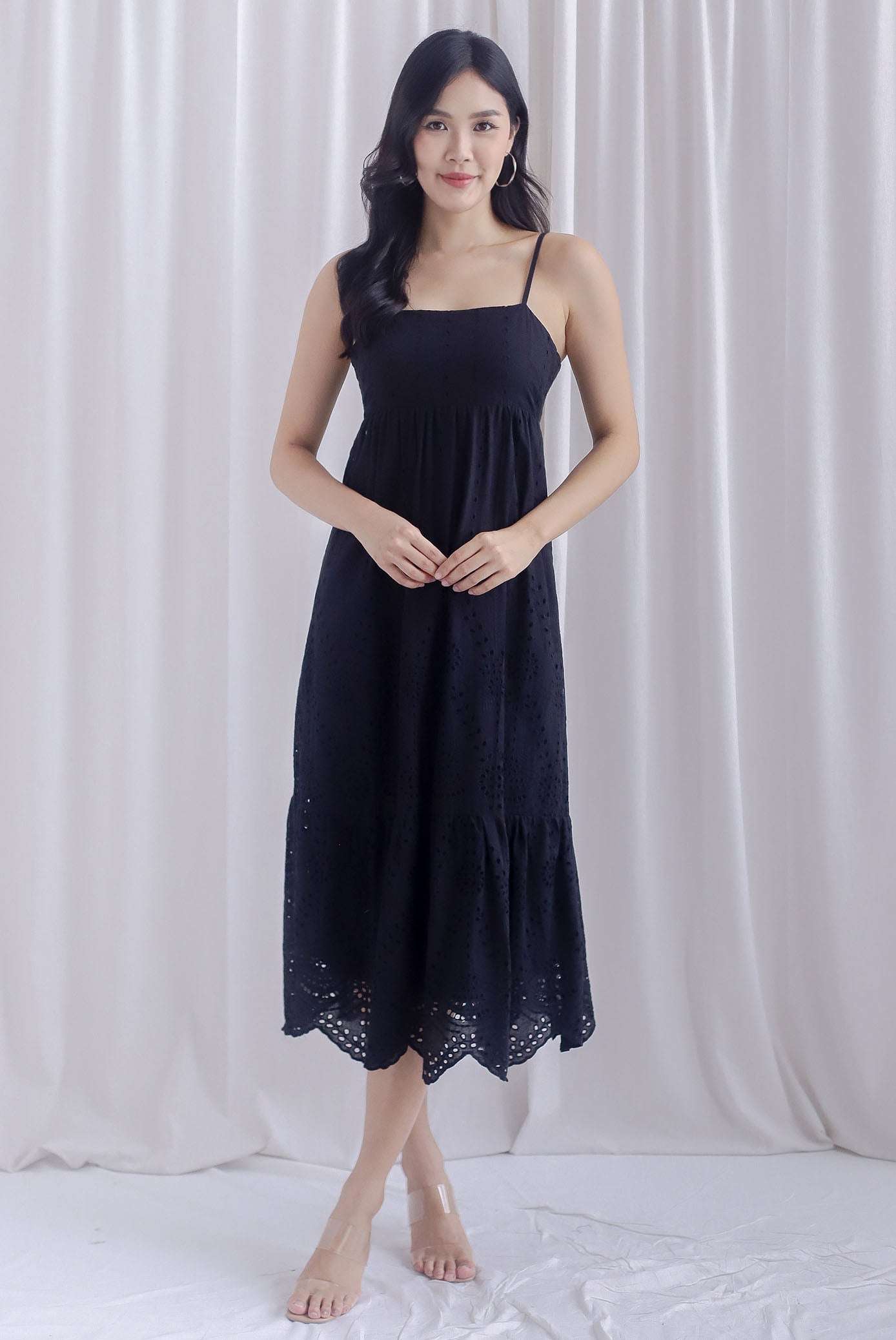 Destini Eyelet Spaghetti Maxi Dress In Black