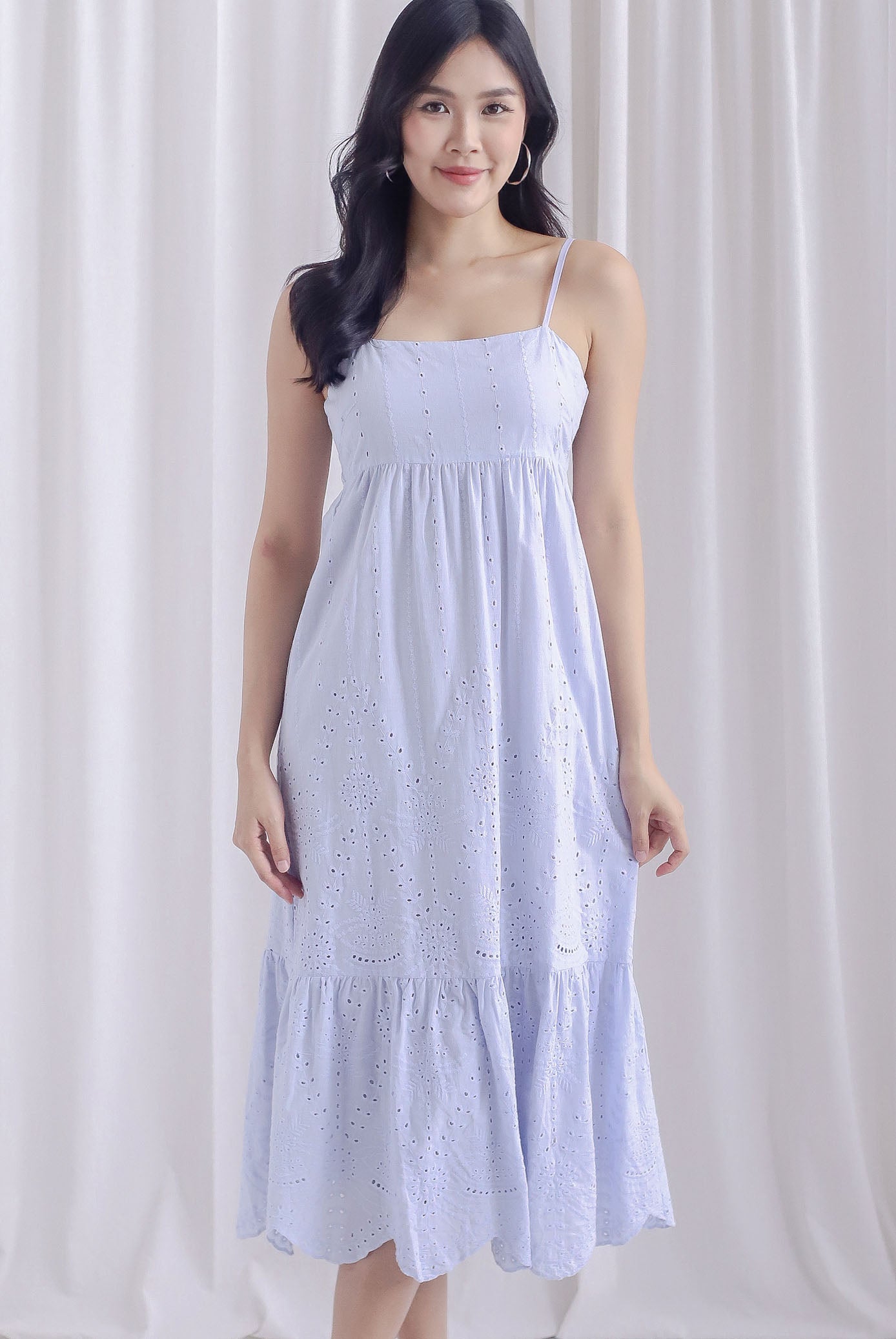 Destini Eyelet Spaghetti Maxi Dress In Periwinkle Blue