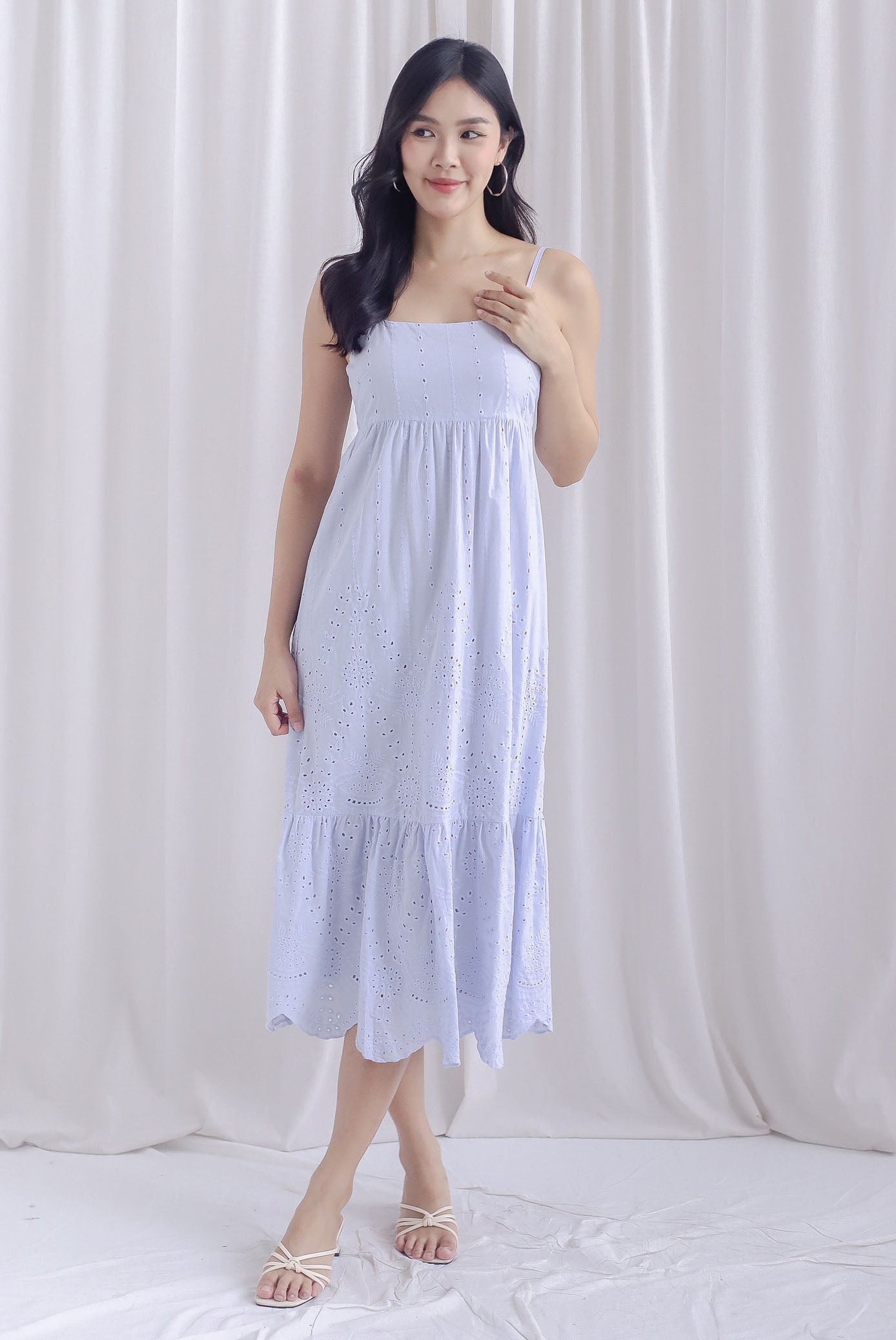 Destini Eyelet Spaghetti Maxi Dress In Periwinkle Blue