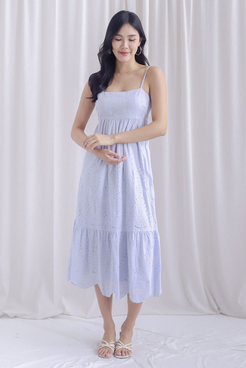 Destini Eyelet Spaghetti Maxi Dress In Periwinkle Blue