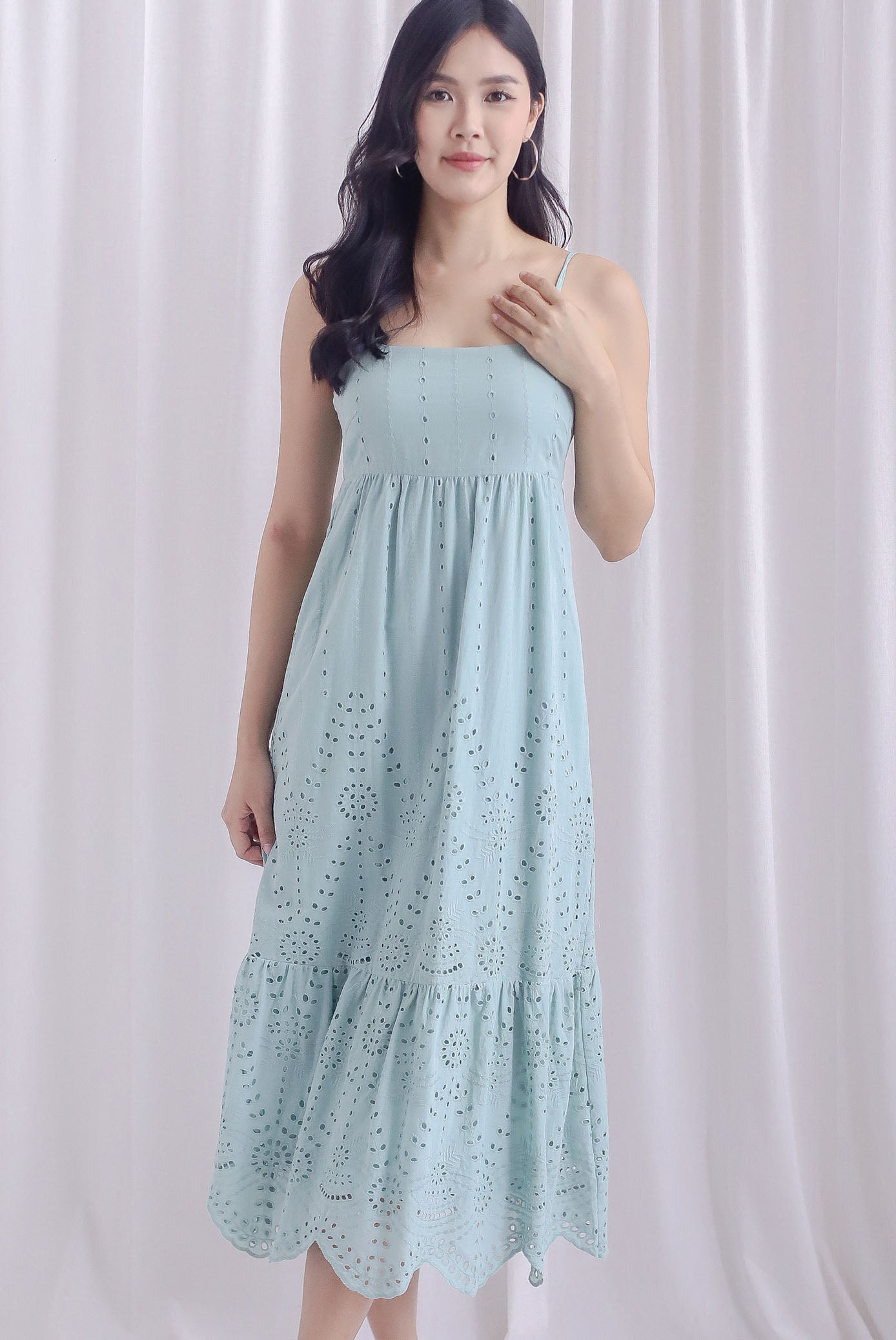 Destini Eyelet Spaghetti Maxi Dress In Seafoam