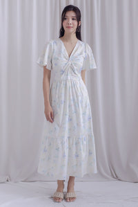 Dora Floral Flutter Sleeve Knot Midi Dress In White/Blue