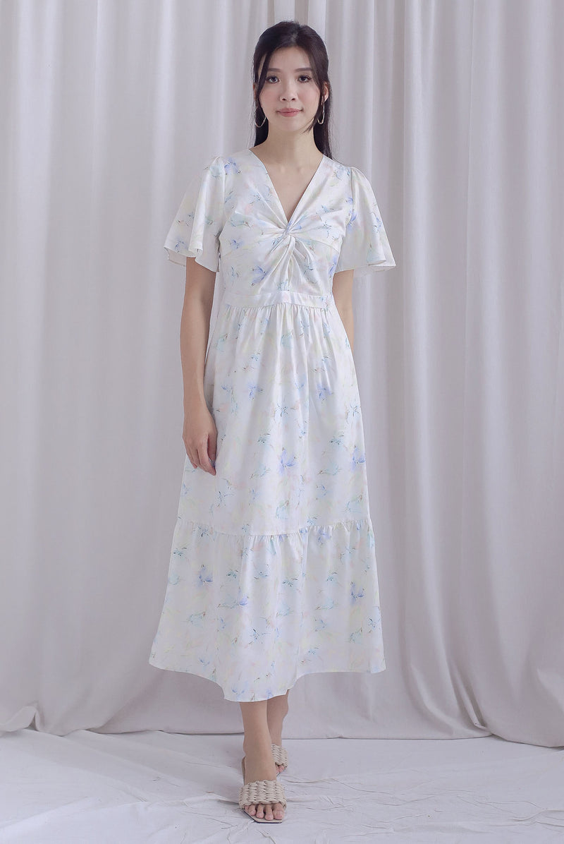 Dora Floral Flutter Sleeve Knot Midi Dress In White/Blue