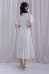 Dora Floral Flutter Sleeve Knot Midi Dress In White/Blue