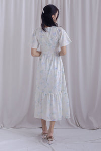 Dora Floral Flutter Sleeve Knot Midi Dress In White/Blue