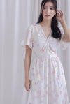 Dora Floral Flutter Sleeve Knot Midi Dress In White/Pink