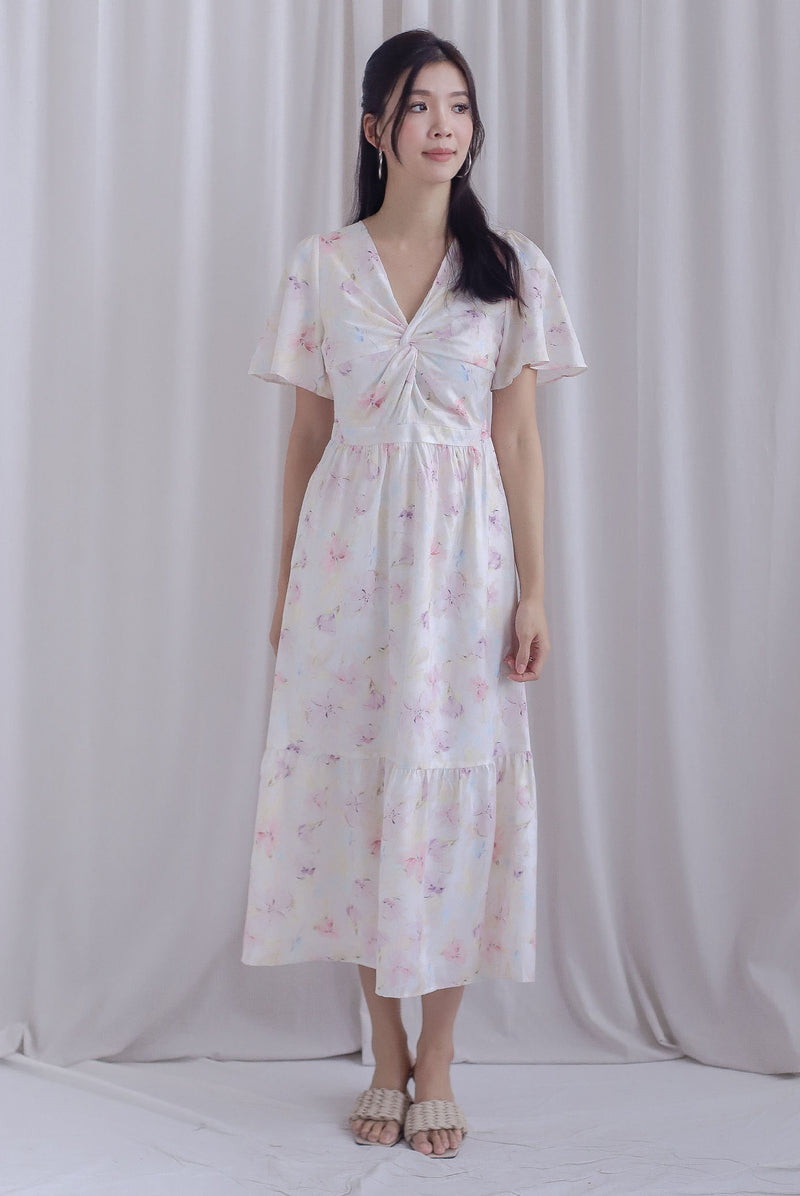 Dora Floral Flutter Sleeve Knot Midi Dress In White/Pink