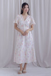 Dora Floral Flutter Sleeve Knot Midi Dress In White/Pink