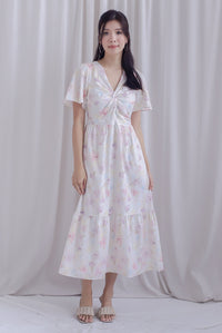 Dora Floral Flutter Sleeve Knot Midi Dress In White/Pink