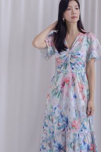 Dora Floral Flutter Sleeve Knot Midi Dress In Vibrant