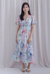 Dora Floral Flutter Sleeve Knot Midi Dress In Vibrant