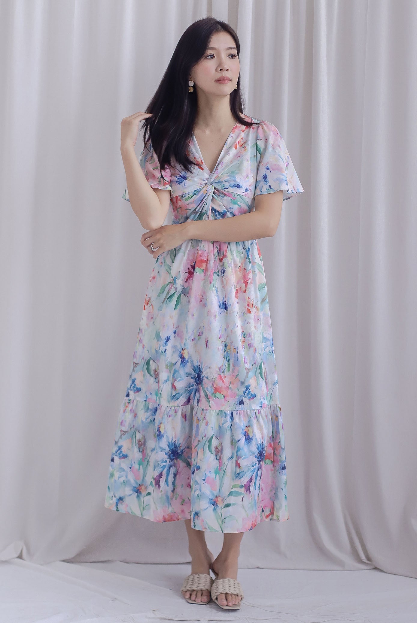 Dora Floral Flutter Sleeve Knot Midi Dress In Vibrant