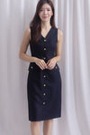 *Restocked* Dulce Gold Buttons Tweed Work Dress In Black