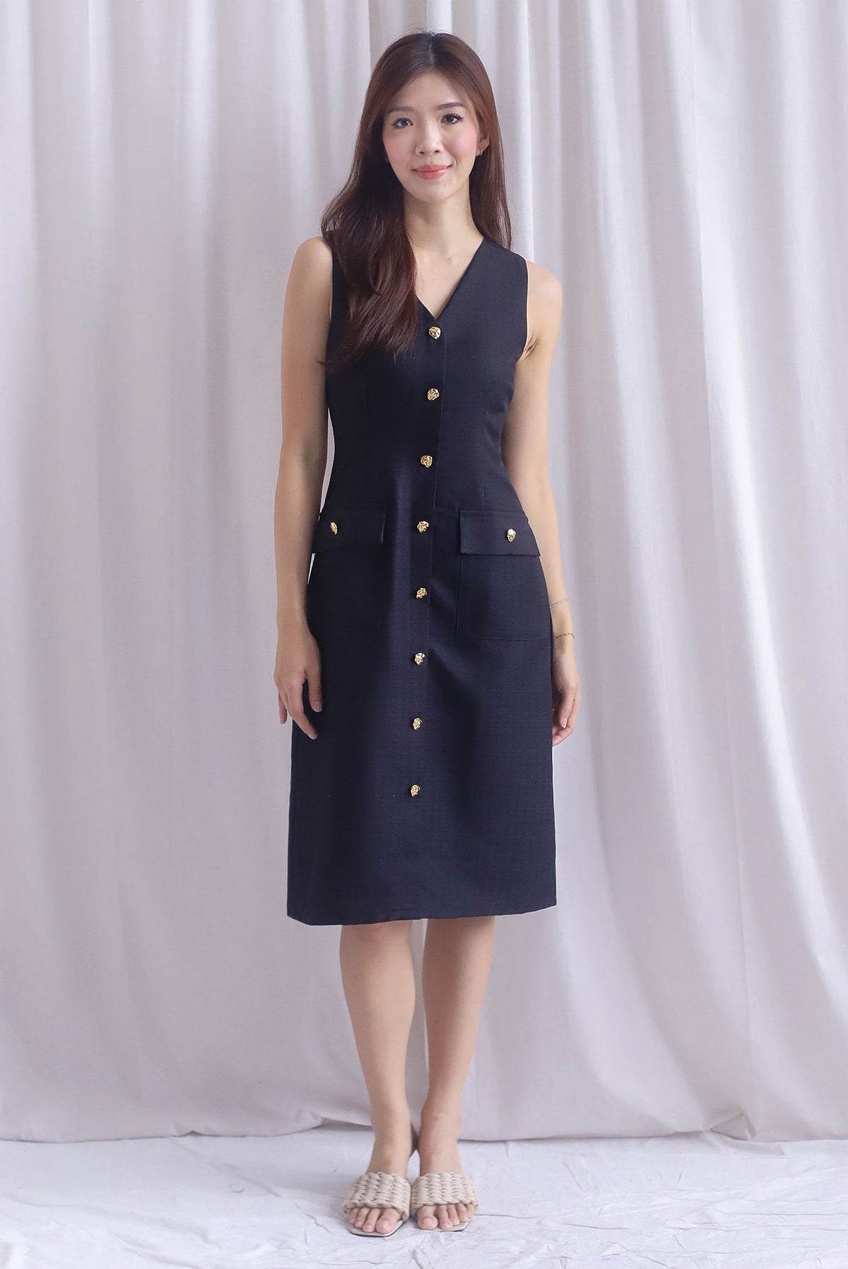 *Restocked* Dulce Gold Buttons Tweed Work Dress In Black