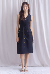 *Restocked* Dulce Gold Buttons Tweed Work Dress In Black