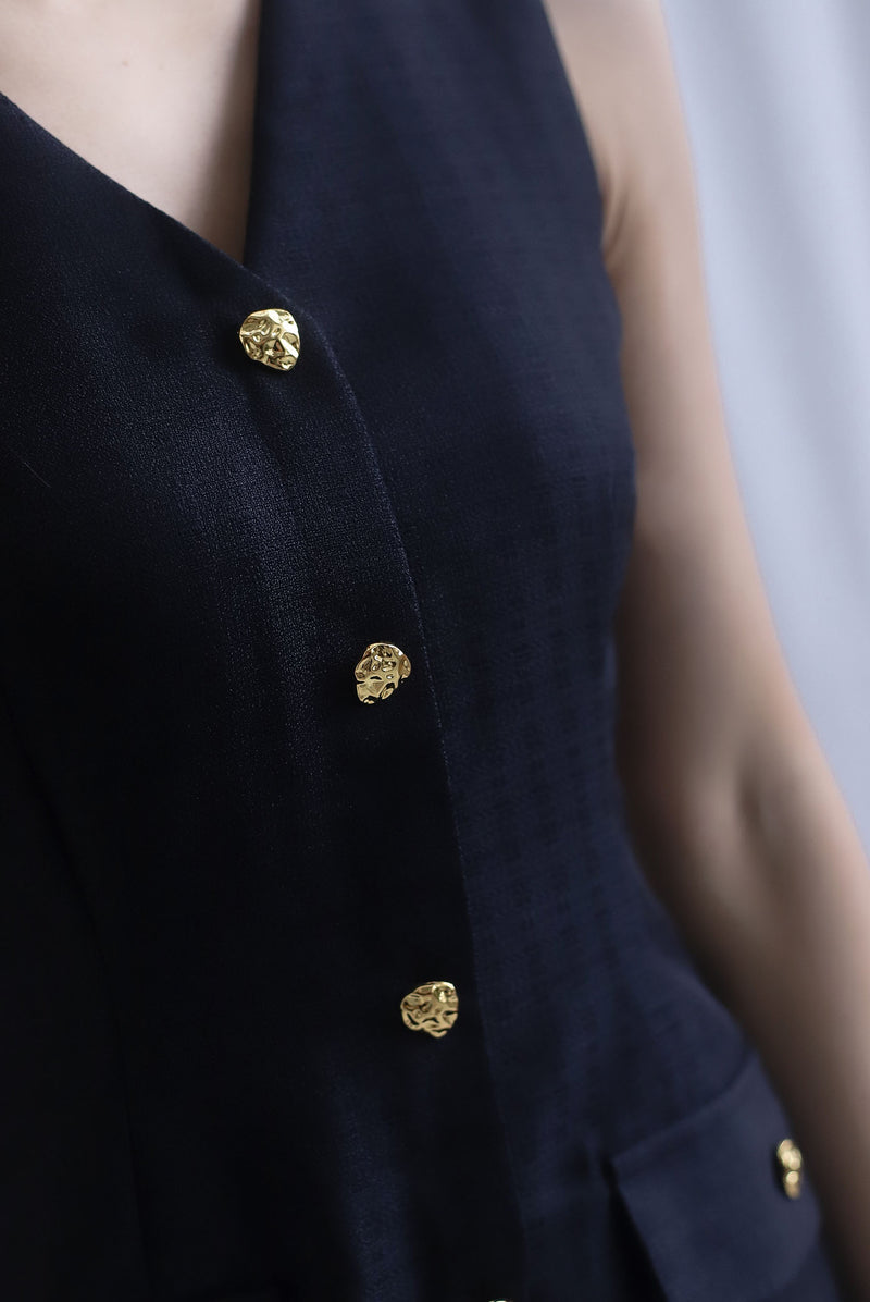 *Restocked* Dulce Gold Buttons Tweed Work Dress In Black