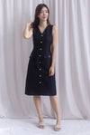 *Restocked* Dulce Gold Buttons Tweed Work Dress In Black